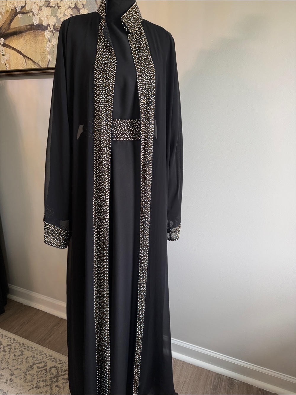 Black Embellished Long 3 pieces Abaya with Rhinestone Trim length 60